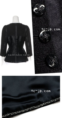 CHANEL 06A Black Wool Silk Ribbon Collarless Jacket Audrey Hepburn 38 シャネル ブラック ウール シルク リボン ノーカラー ジャケット オードリー ヘップバーン 即発