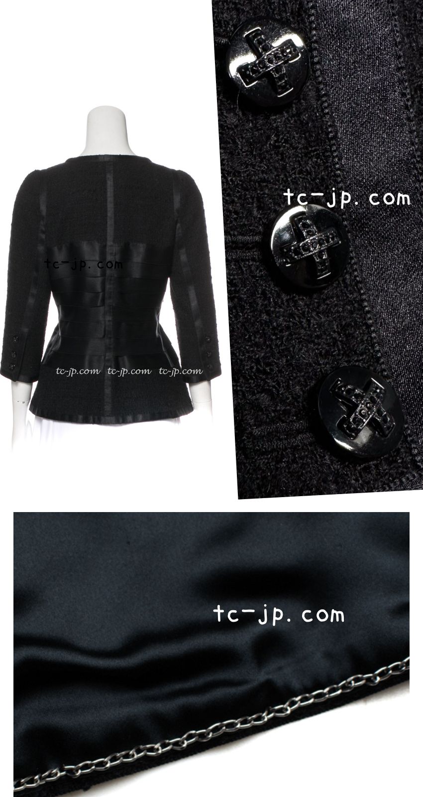 CHANEL 06A Black Wool Silk Ribbon Collarless Jacket Audrey Hepburn 38 シャネル ブラック ウール シルク リボン ノーカラー ジャケット オードリー ヘップバーン 即発