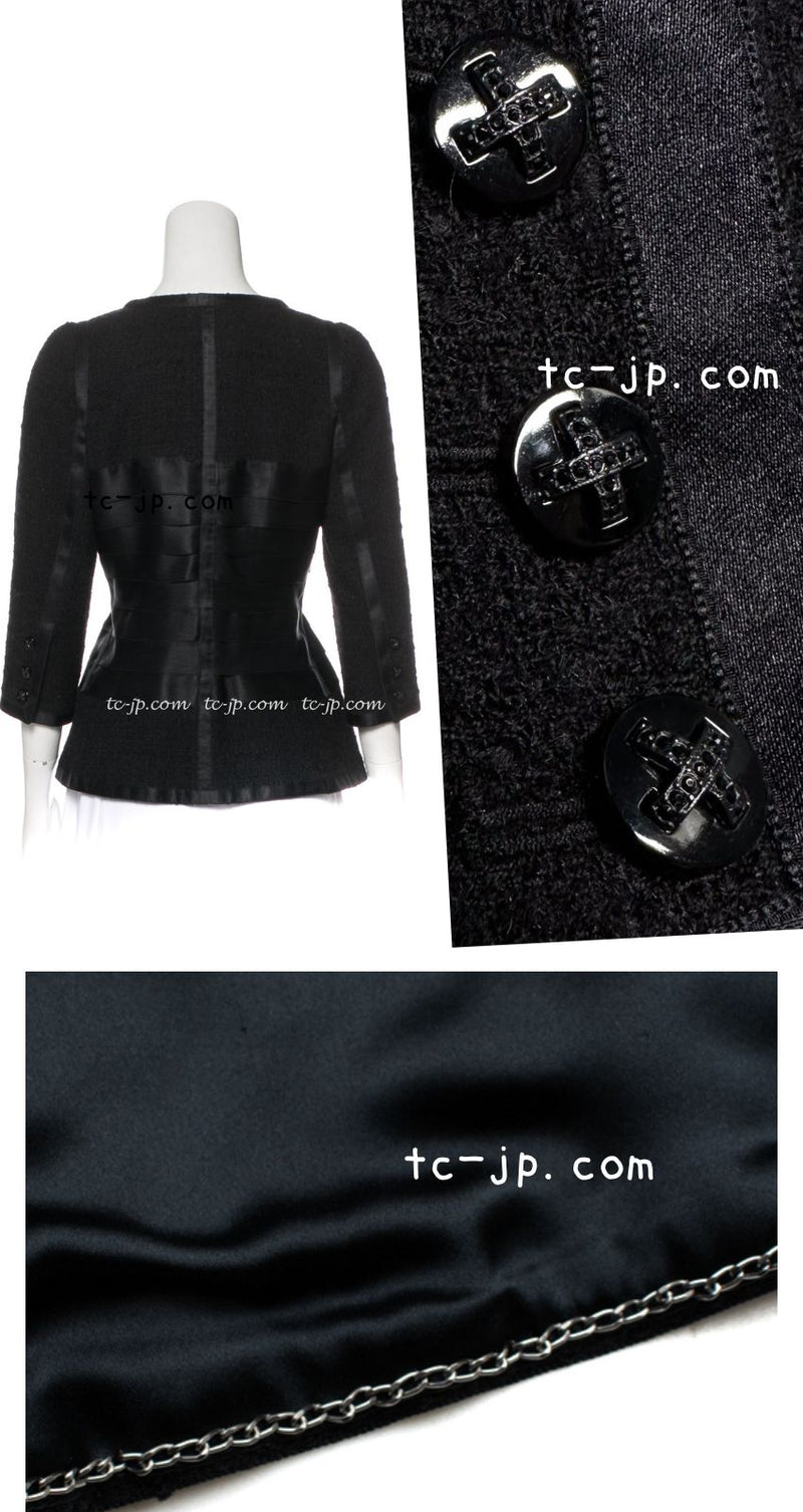 CHANEL 06A Black Wool Silk Ribbon Collarless Jacket Audrey Hepburn 38 シャネル ブラック ウール シルク リボン ノーカラー ジャケット オードリー ヘップバーン 即発
