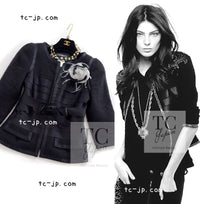 CHANEL 06A Black Wool Silk Ribbon Collarless Jacket Audrey Hepburn 38 シャネル ブラック ウール シルク リボン ノーカラー ジャケット オードリー ヘップバーン 即発