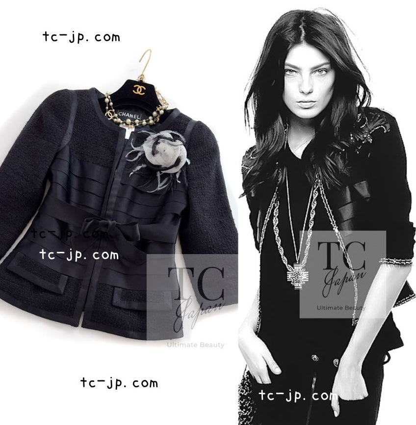 CHANEL 06A Black Wool Silk Ribbon Collarless Jacket Audrey Hepburn 38 シャネル ブラック ウール シルク リボン ノーカラー ジャケット オードリー ヘップバーン 即発