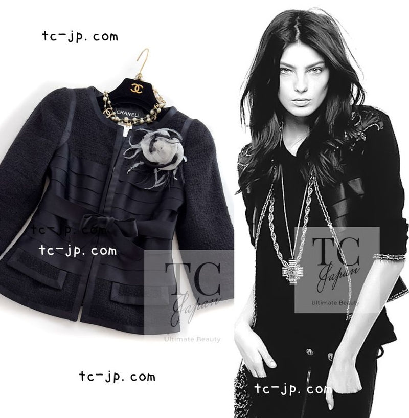 CHANEL 06A Black Wool Silk Ribbon Collarless Jacket Audrey Hepburn 38 シャネル ブラック ウール シルク リボン ノーカラー ジャケット オードリー ヘップバーン 即発