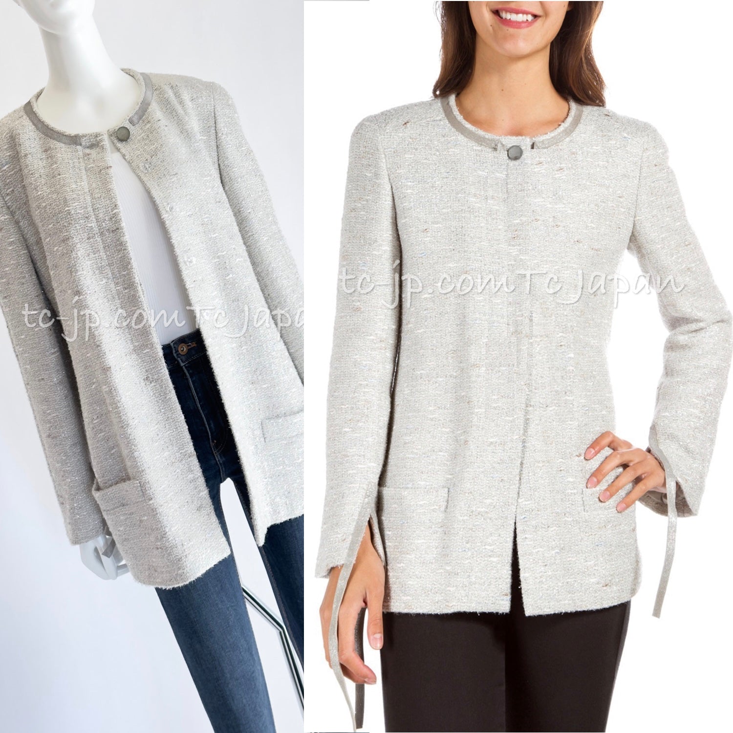 CHANEL 99A Vintage Silver Gray Leather Ribbon Jacket 44 シャネル ヴィンテージ シルバー グレー レザー リボン ジャケット 即発 - TC JAPAN