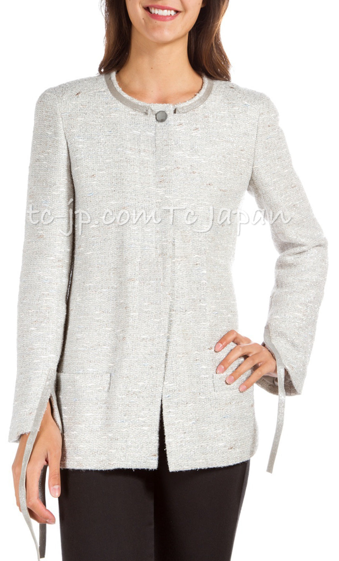 CHANEL 99A Vintage Silver Gray Leather Ribbon Jacket 44 シャネル ヴィンテージ シルバー グレー レザー リボン ジャケット 即発