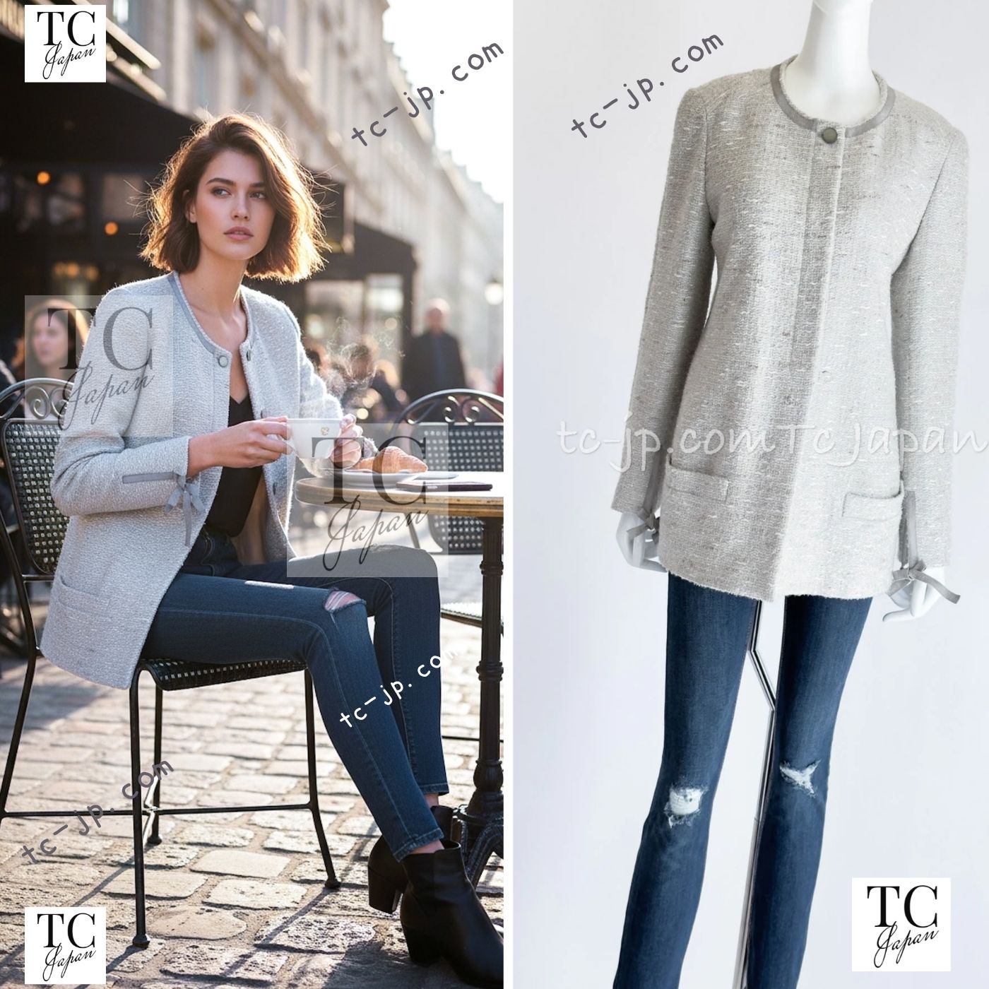 CHANEL 99A Vintage Silver Gray Leather Ribbon Jacket 44 シャネル ヴィンテージ シルバー グレー レザー リボン ジャケット 即発