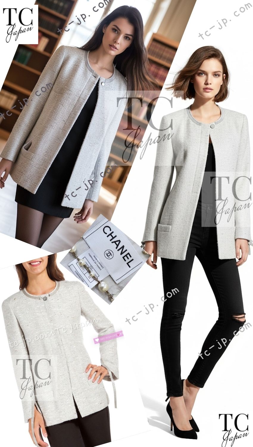CHANEL 99A Vintage Silver Gray Leather Ribbon Jacket 44 シャネル ヴィンテージ シルバー グレー レザー リボン ジャケット 即発