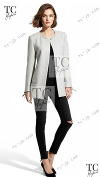 CHANEL 99A Vintage Silver Gray Leather Ribbon Jacket 44 シャネル ヴィンテージ シルバー グレー レザー リボン ジャケット 即発