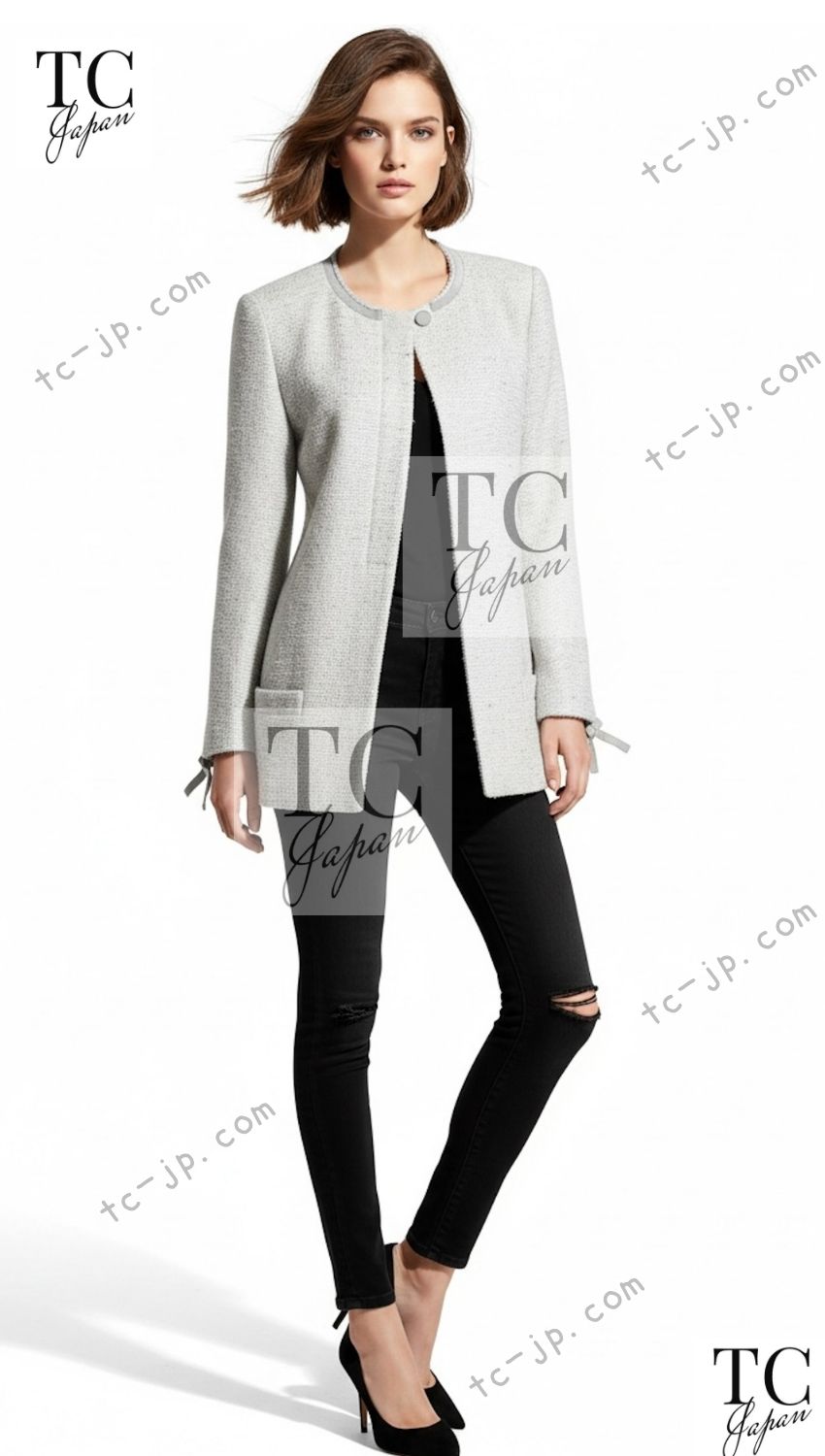 CHANEL 99A Vintage Silver Gray Leather Ribbon Jacket 44 シャネル ヴィンテージ シルバー グレー レザー リボン ジャケット 即発