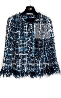 CHANEL 10A Black White Silver Fringe Trim Zipper Tweed Jacket 34 36 12