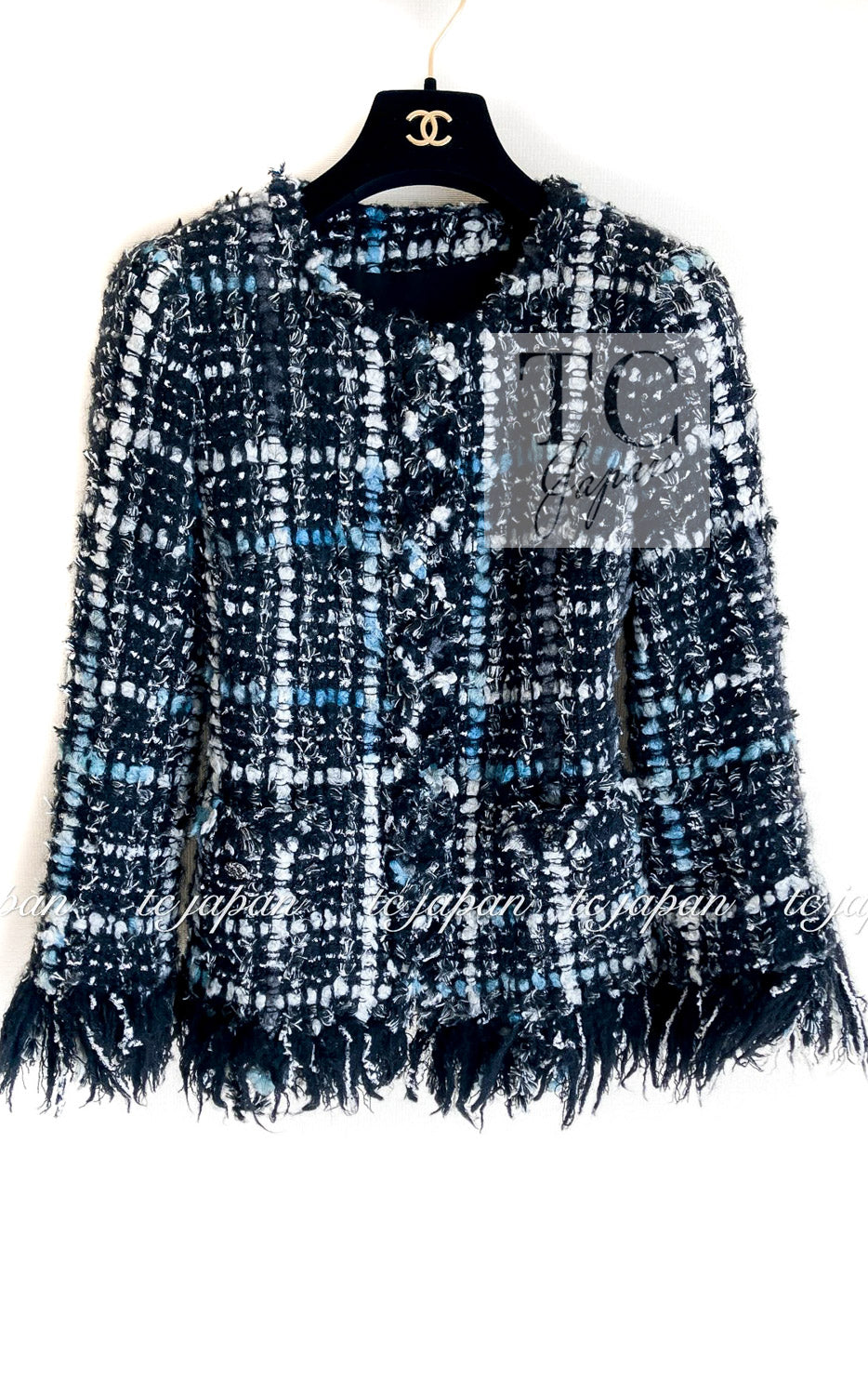 CHANEL 10A Black White Silver Fringe Trim Zipper Tweed Jacket 34 36 12