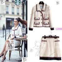 CHANEL 06PF Limited Cream Ivory Trim Wool Silk Tweed Jacket Skirt Suit 36 38 シャネル クリーム ブラック レッド ウール シルク ツイード ジャケット スカート スーツ 即発