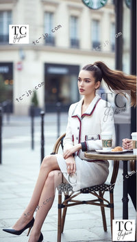 CHANEL 06PF Limited Cream Ivory Trim Wool Silk Tweed Jacket Skirt Suit 36 38 シャネル クリーム ブラック レッド ウール シルク ツイード ジャケット スカート スーツ 即発