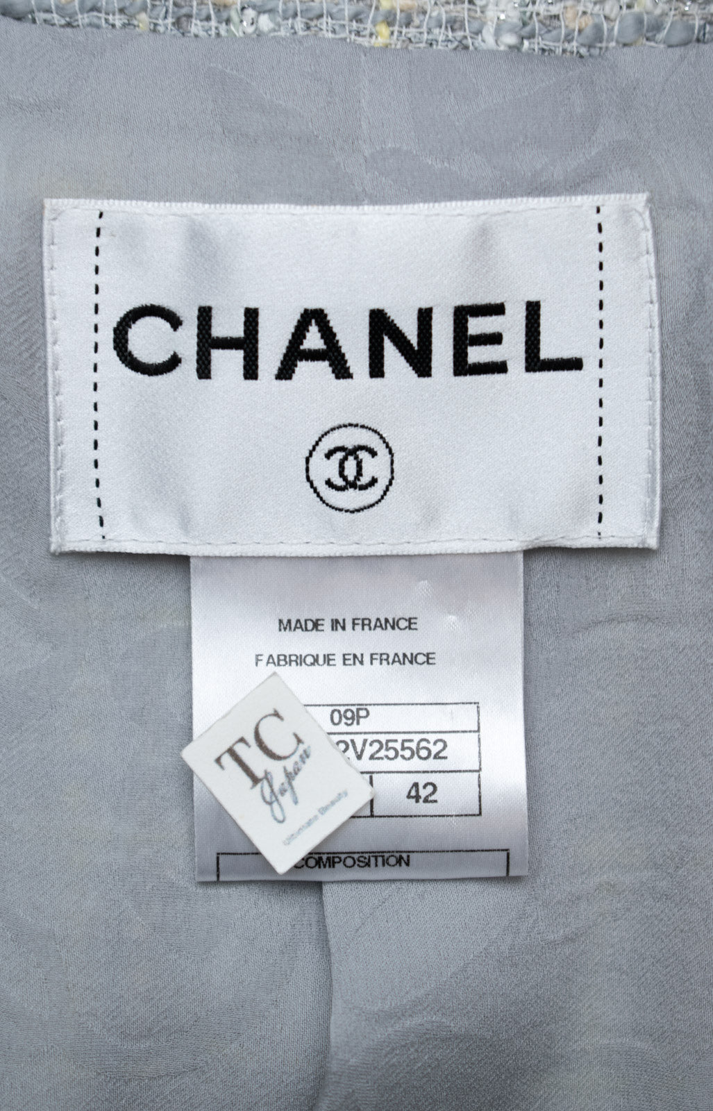 CHANEL 09S Light Gray Mint Cotton Wool Tweed Jacket 42 シャネル ライト グレー ミント コットン ウール ツイード ジャケット
