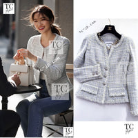 CHANEL 09S Light Gray Mint Cotton Wool Tweed Jacket 42 シャネル ライト グレー ミント コットン ウール ツイード ジャケット