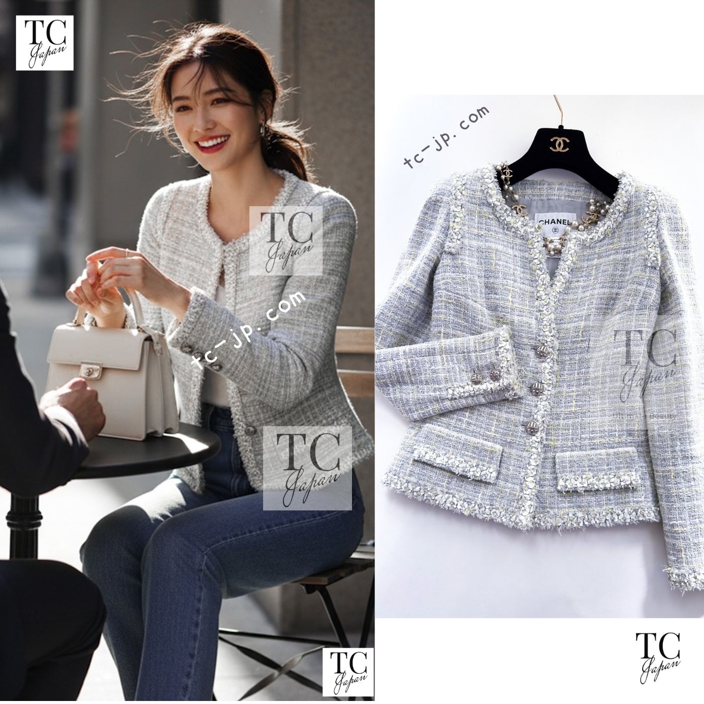 CHANEL 09S Light Gray Mint Cotton Wool Tweed Jacket 42 シャネル ライト グレー ミント コットン ウール ツイード ジャケット