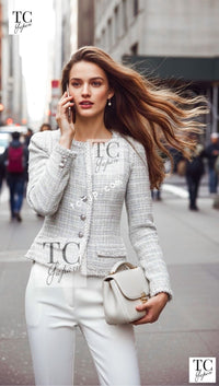CHANEL 09S Light Gray Mint Cotton Wool Tweed Jacket Skirt Suit 34 シャネル ライト グレー ミント コットン ウール ツイード ジャケット スカート スーツ - TC JAPAN