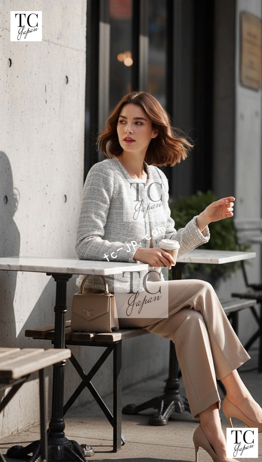 シャネル ジャケット CHANEL ライト グレー ミント コットン ウール