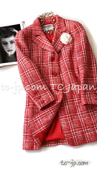 CHANEL 97S Vintage Red White Checked Wool Mohair Tweed Coat Jacket 36 38 シャネル ヴィンテージ レッド ホワイト ウール プードル モヘア ツイード コート ジャケット - TC JAPAN