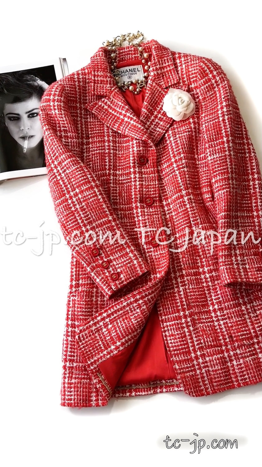 CHANEL 97S Vintage Red White Checked Wool Mohair Tweed Coat Jacket 36 38 シャネル ヴィンテージ レッド ホワイト ウール プードル モヘア ツイード コート ジャケット - TC JAPAN