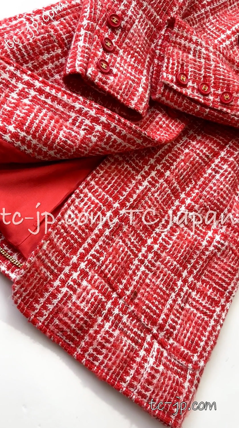 CHANEL 97S Vintage Red White Checked Wool Mohair Tweed Coat Jacket 36 38 シャネル ヴィンテージ レッド ホワイト ウール プードル モヘア ツイード コート ジャケット - TC JAPAN