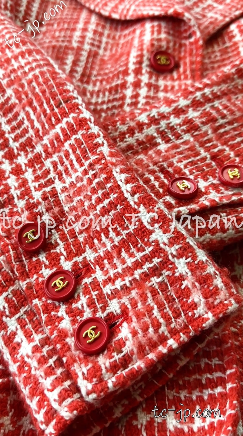 CHANEL 97S Vintage Red White Checked Wool Mohair Tweed Coat Jacket 36 38 シャネル ヴィンテージ レッド ホワイト ウール プードル モヘア ツイード コート ジャケット - TC JAPAN