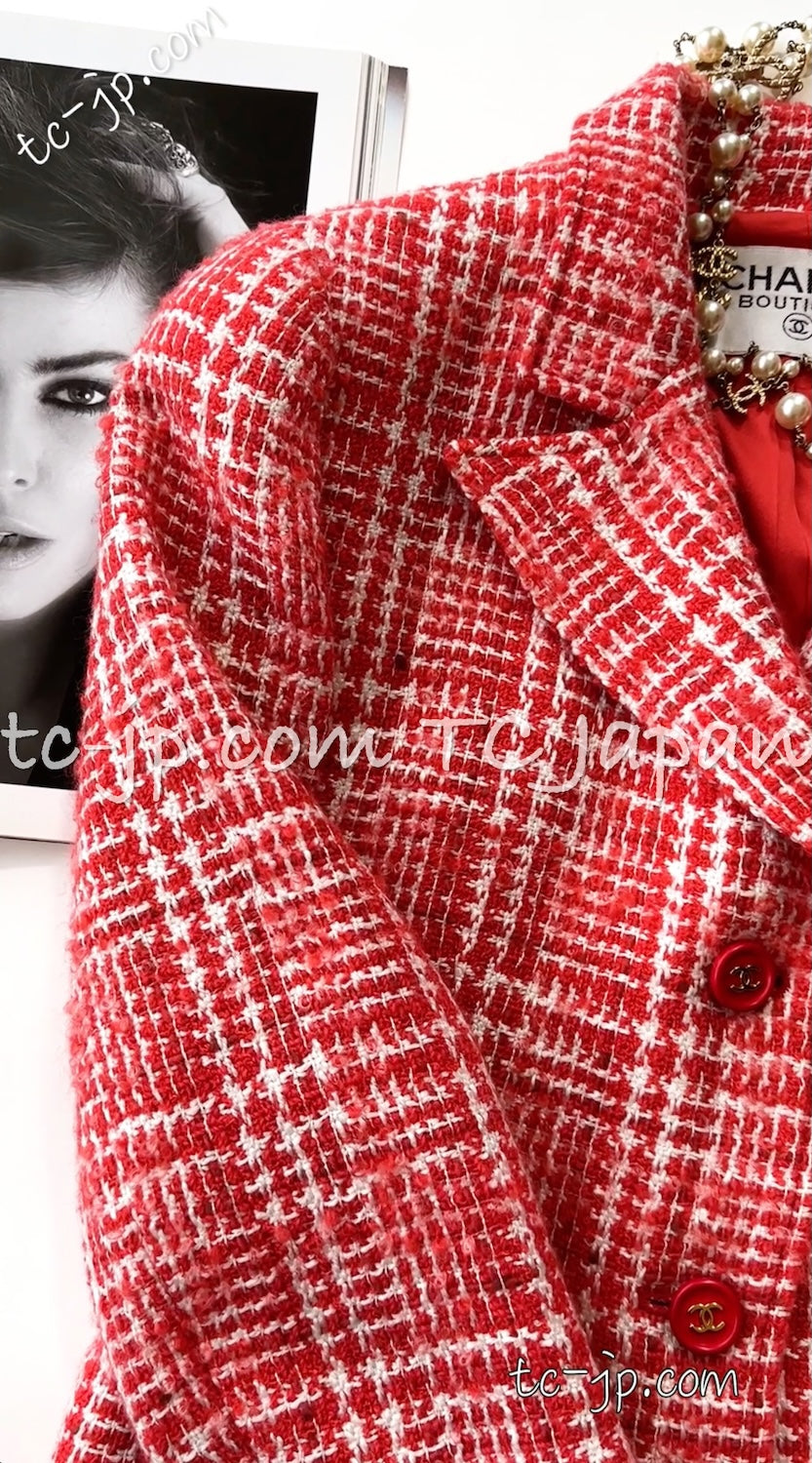 CHANEL 97S Vintage Red White Checked Wool Mohair Tweed Coat Jacket 36 38 シャネル ヴィンテージ レッド ホワイト ウール プードル モヘア ツイード コート ジャケット - TC JAPAN