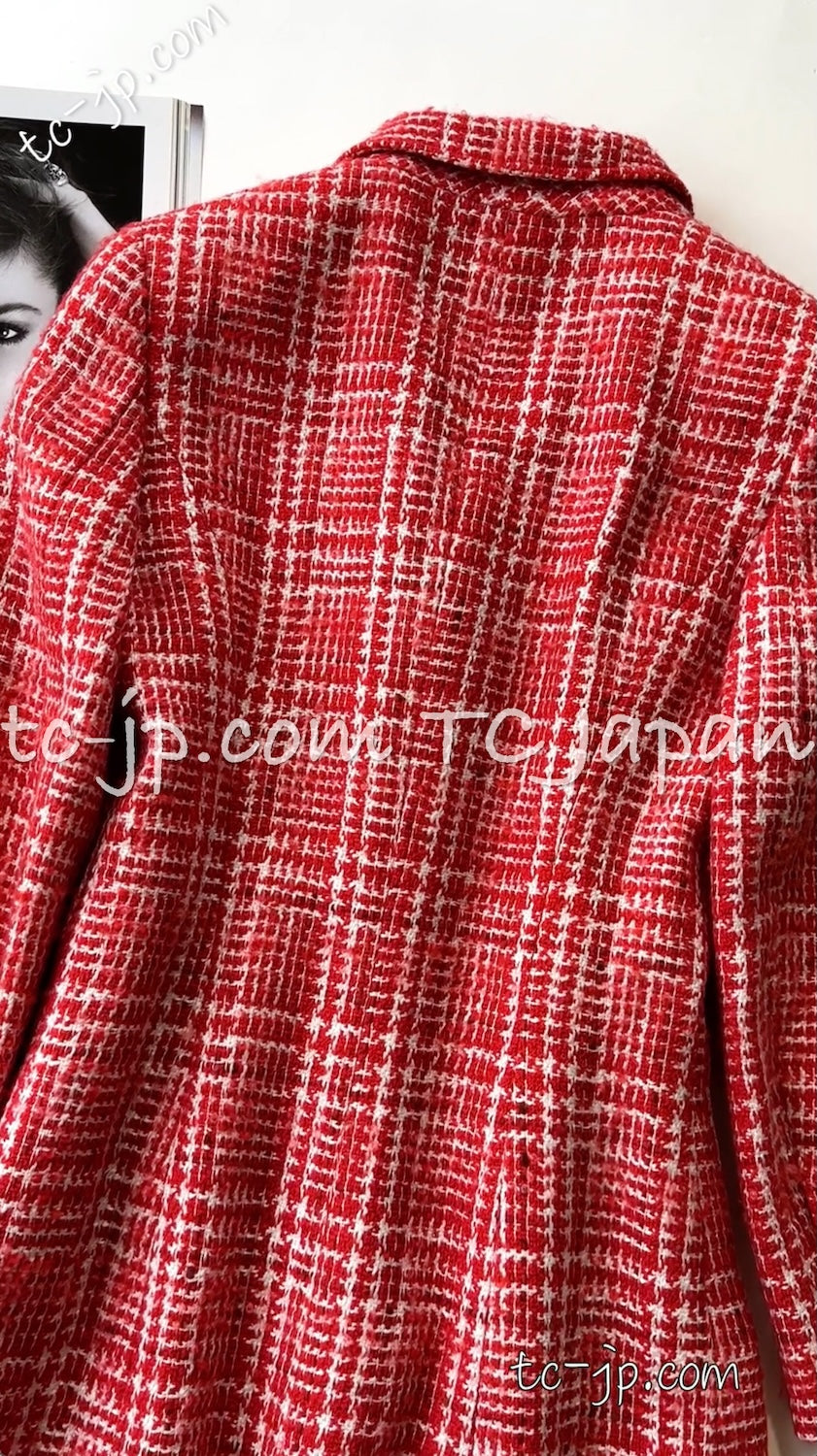 CHANEL 97S Vintage Red White Checked Wool Mohair Tweed Coat Jacket 36 38 シャネル ヴィンテージ レッド ホワイト ウール プードル モヘア ツイード コート ジャケット - TC JAPAN