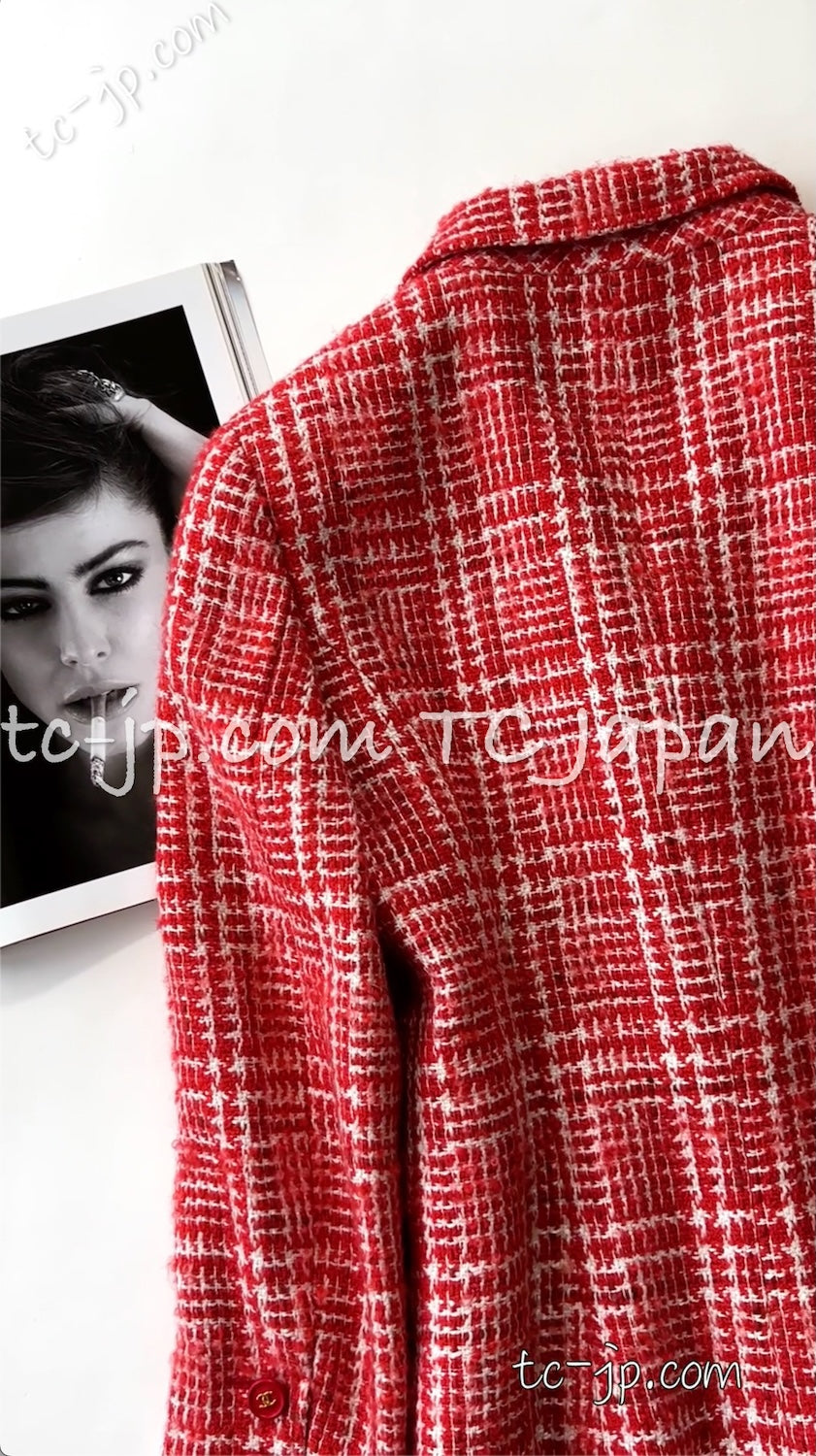 CHANEL 97S Vintage Red White Checked Wool Mohair Tweed Coat Jacket 36 38 シャネル ヴィンテージ レッド ホワイト ウール プードル モヘア ツイード コート ジャケット - TC JAPAN