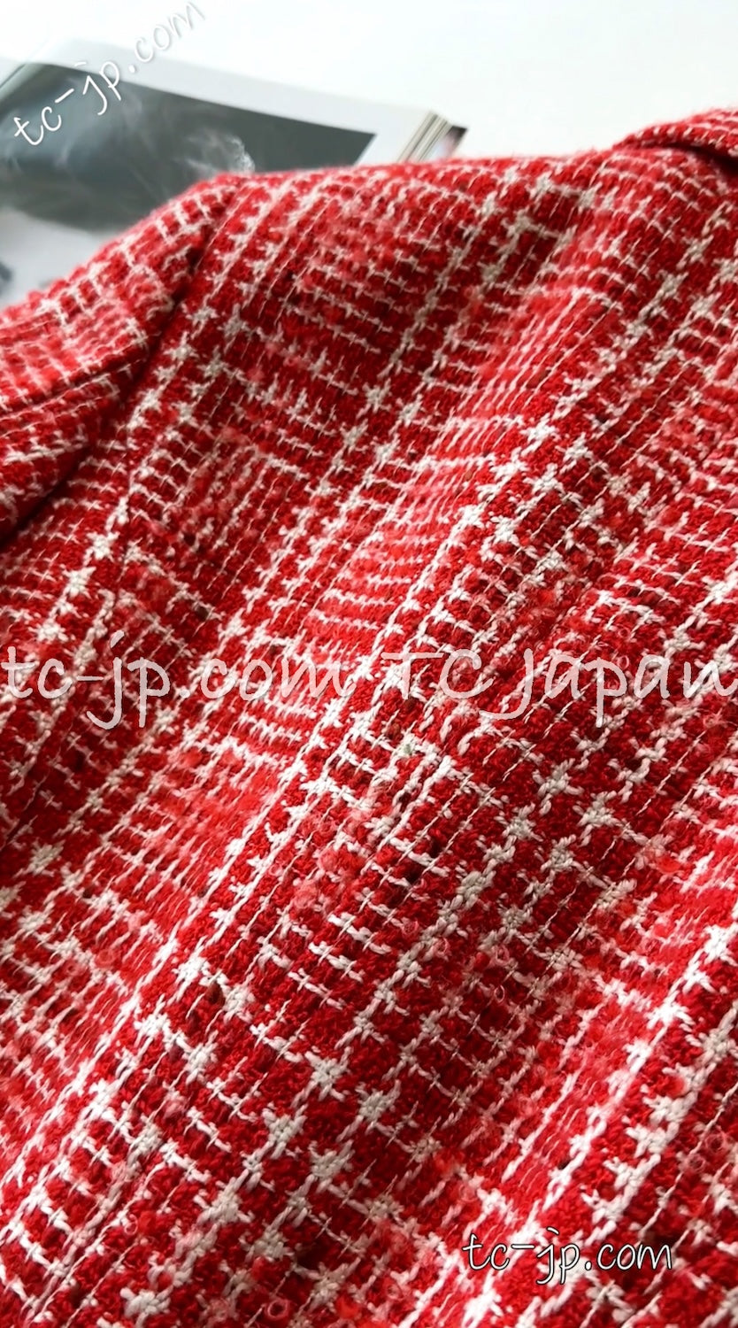 CHANEL 97S Vintage Red White Checked Wool Mohair Tweed Coat Jacket 36 38 シャネル ヴィンテージ レッド ホワイト ウール プードル モヘア ツイード コート ジャケット - TC JAPAN