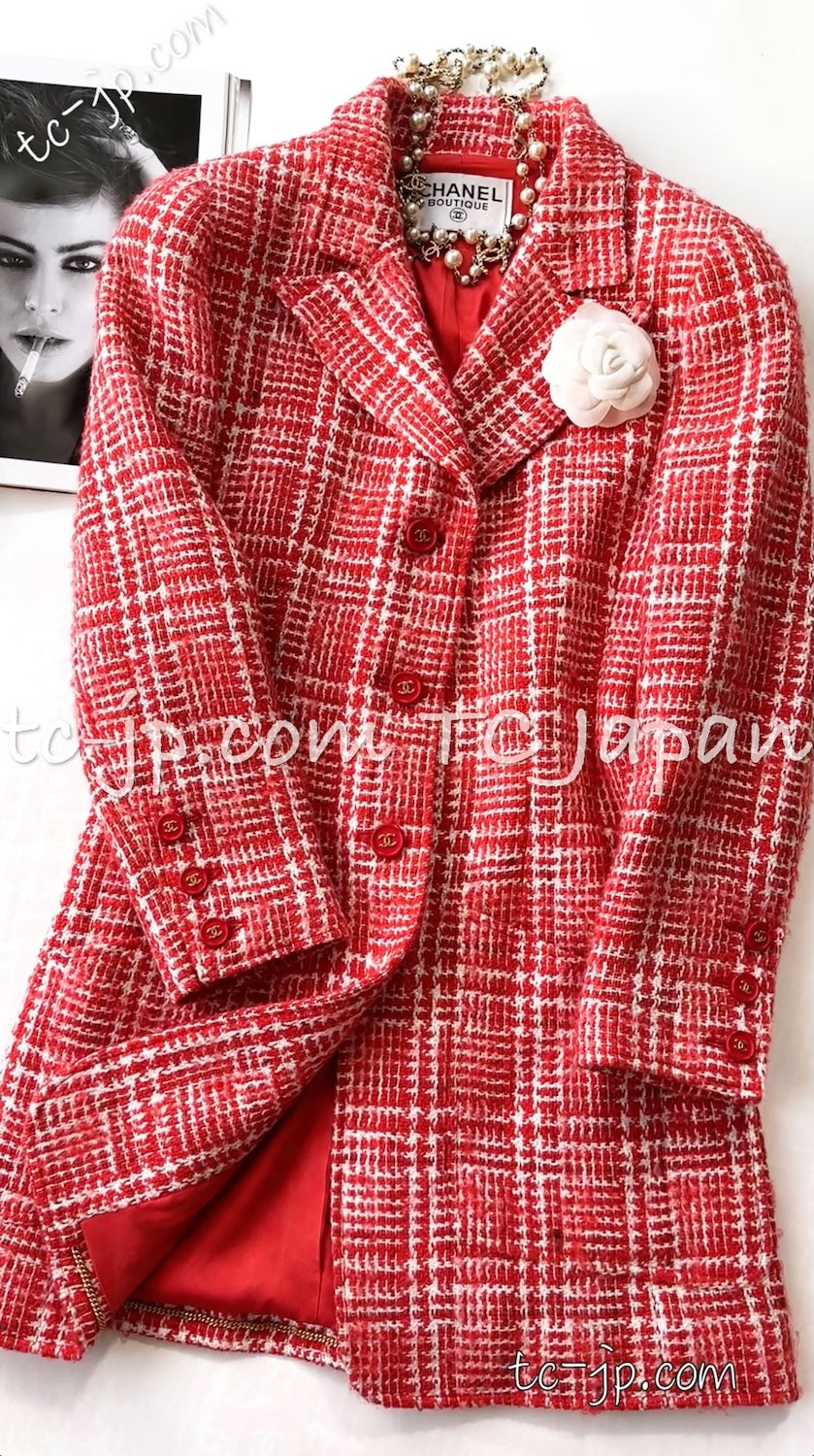 CHANEL 97S Vintage Red White Checked Wool Mohair Tweed Coat Jacket 36 38 シャネル ヴィンテージ レッド ホワイト ウール プードル モヘア ツイード コート ジャケット - TC JAPAN