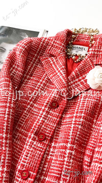 CHANEL 97S Vintage Red White Checked Wool Mohair Tweed Coat Jacket 36 38 シャネル ヴィンテージ レッド ホワイト ウール プードル モヘア ツイード コート ジャケット - TC JAPAN