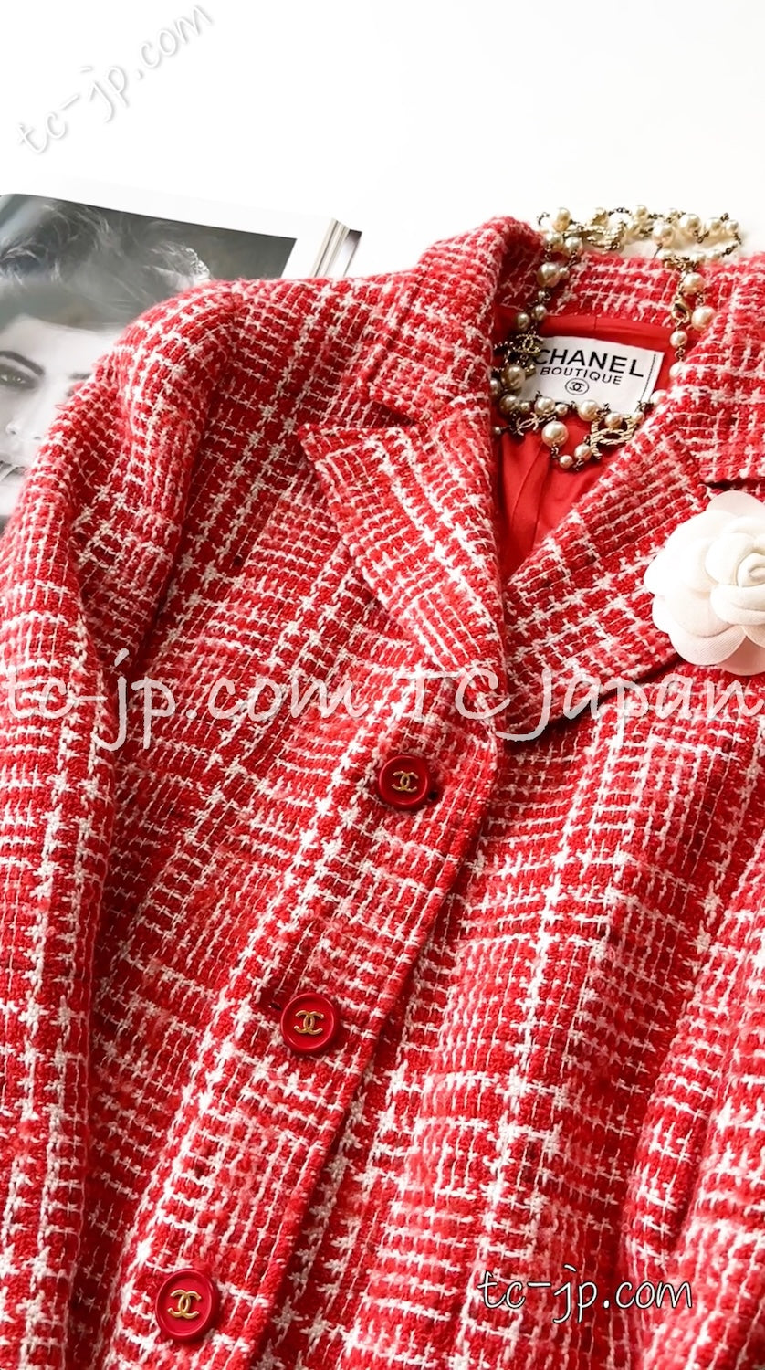 CHANEL 97S Vintage Red White Checked Wool Mohair Tweed Coat Jacket 36 38 シャネル ヴィンテージ レッド ホワイト ウール プードル モヘア ツイード コート ジャケット - TC JAPAN