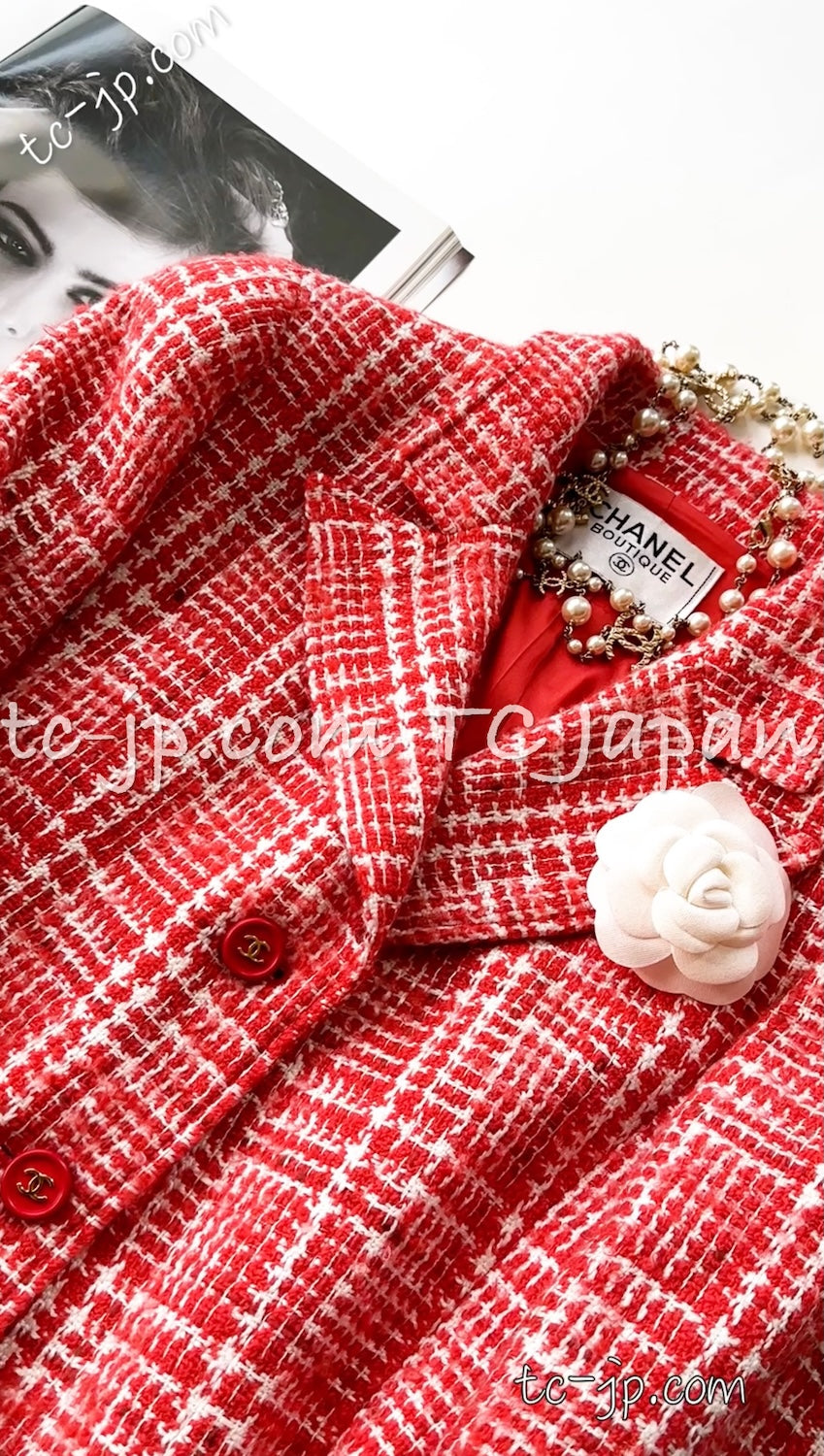 CHANEL 97S Vintage Red White Checked Wool Mohair Tweed Coat Jacket 36 38 シャネル ヴィンテージ レッド ホワイト ウール プードル モヘア ツイード コート ジャケット - TC JAPAN