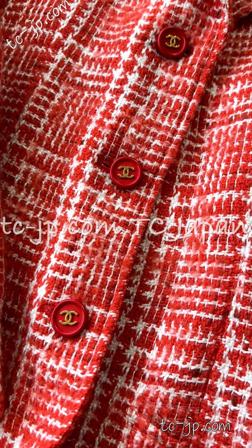 CHANEL 97S Vintage Red White Checked Wool Mohair Tweed Coat Jacket 36 38 シャネル ヴィンテージ レッド ホワイト ウール プードル モヘア ツイード コート ジャケット - TC JAPAN