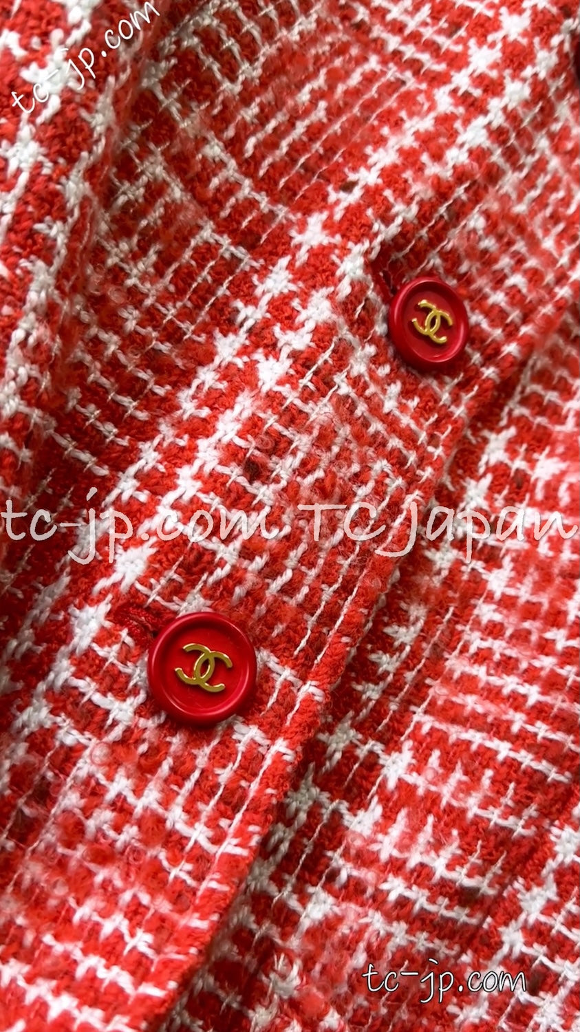 CHANEL 97S Vintage Red White Checked Wool Mohair Tweed Coat Jacket 36 38 シャネル ヴィンテージ レッド ホワイト ウール プードル モヘア ツイード コート ジャケット - TC JAPAN