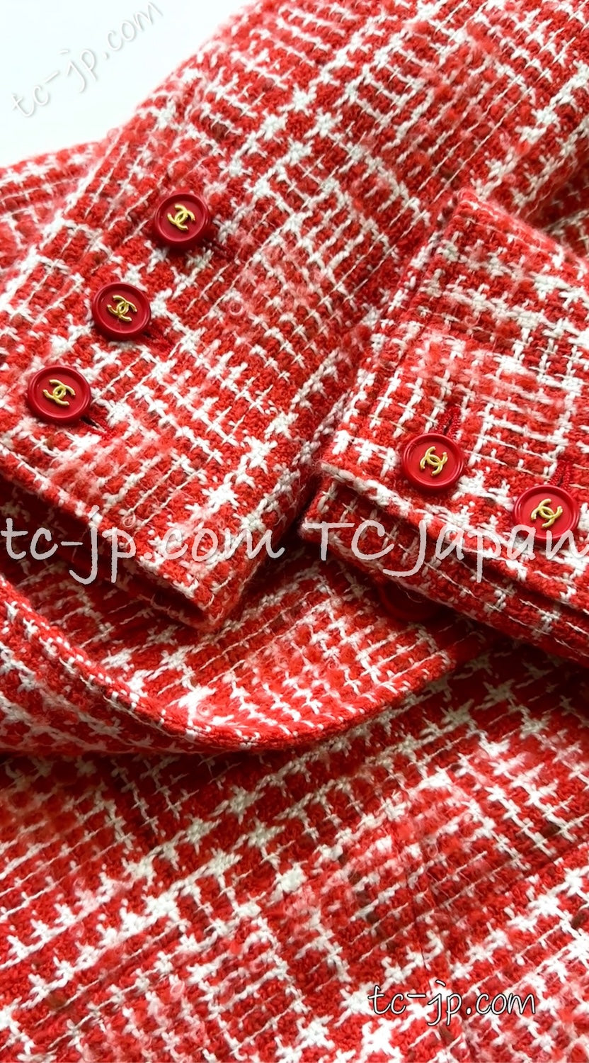 CHANEL 97S Vintage Red White Checked Wool Mohair Tweed Coat Jacket 36 38 シャネル ヴィンテージ レッド ホワイト ウール プードル モヘア ツイード コート ジャケット - TC JAPAN