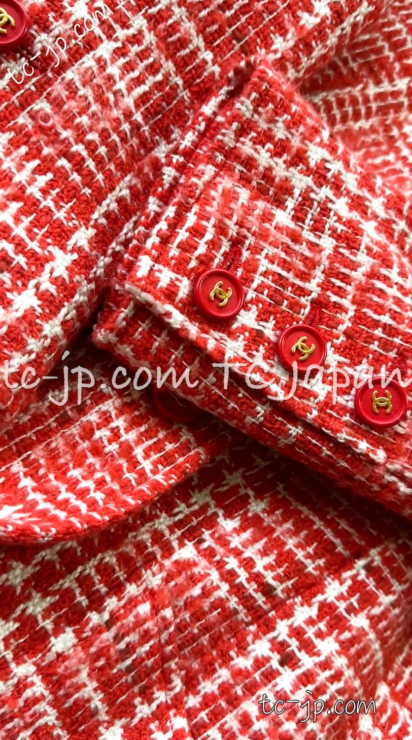CHANEL 97S Vintage Red White Checked Wool Mohair Tweed Coat Jacket 36 38 シャネル ヴィンテージ レッド ホワイト ウール プードル モヘア ツイード コート ジャケット - TC JAPAN