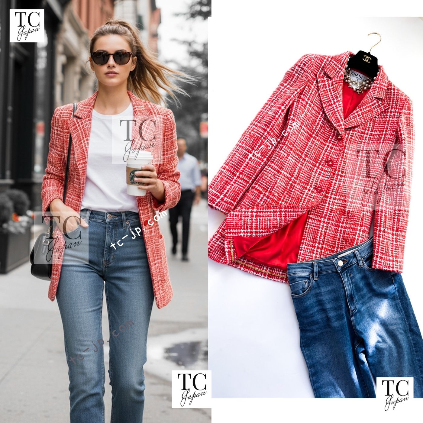 CHANEL 97S Vintage Red White Checked Wool Mohair Tweed Coat Jacket 36 38 シャネル ヴィンテージ レッド ホワイト ウール プードル モヘア ツイード コート ジャケット - TC JAPAN