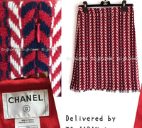 CHANEL 04A Red Tricolore CC Logo Trim Jacket Skirt Suit 34 ② シャネル レッド トリコロール ジャケット スカート スーツ カメリアブローチ付 即発