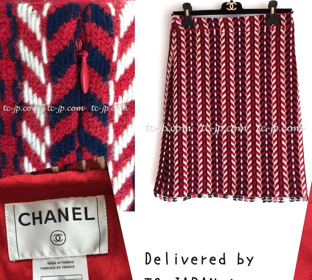 CHANEL 04A Red Tricolore CC Logo Trim Jacket Skirt Suit 34 ② シャネル レッド トリコロール ジャケット スカート スーツ カメリアブローチ付 即発