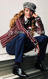 CHANEL 04A Red Tricolore CC Logo Trim Jacket Skirt Suit 34 ② シャネル レッド トリコロール ジャケット スカート スーツ カメリアブローチ付 即発