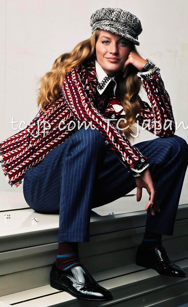 CHANEL 04A Red Tricolore CC Logo Trim Jacket Skirt Suit 34 ② シャネル レッド トリコロール ジャケット スカート スーツ カメリアブローチ付 即発
