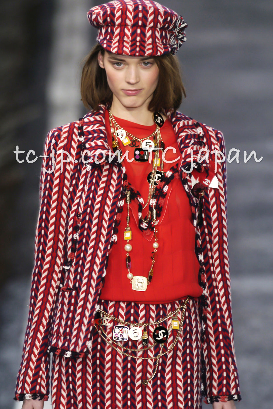 CHANEL 04A Red Tricolore CC Logo Trim Jacket Skirt Suit 34 ② シャネル レッド トリコロール ジャケット スカート スーツ カメリアブローチ付 即発