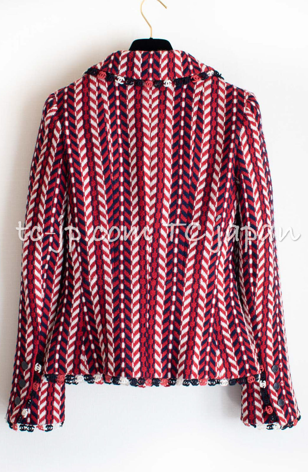 CHANEL 04A Red Navy Tricolore CC Logo Trim Wool Tweed Jacket Skirt Suit 38 ③シャネル レッド ネイビー トリコロール ウール ツイード ジャケット スカート スーツ 即発