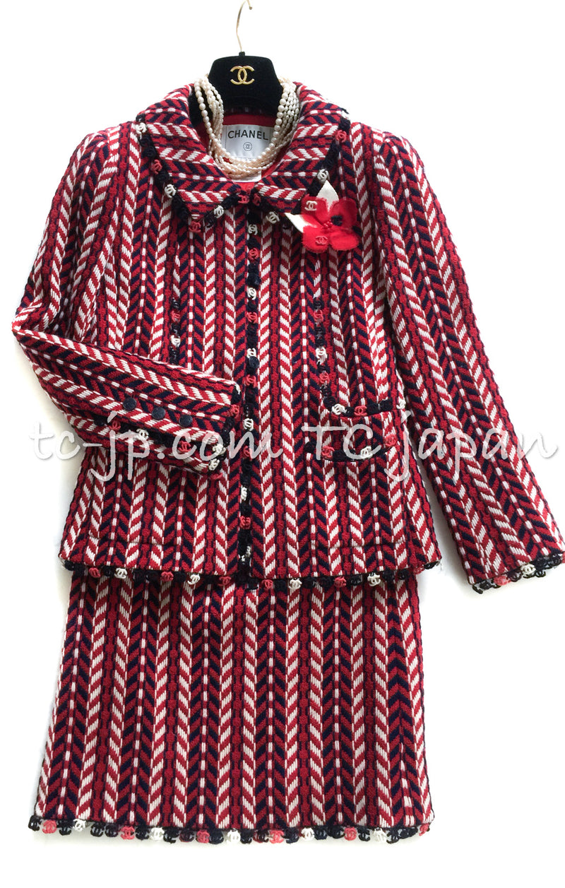 CHANEL 04A Red Tricolore CC Logo Trim Jacket Skirt Suit 34 ② シャネル レッド トリコロール ジャケット スカート スーツ カメリアブローチ付 即発