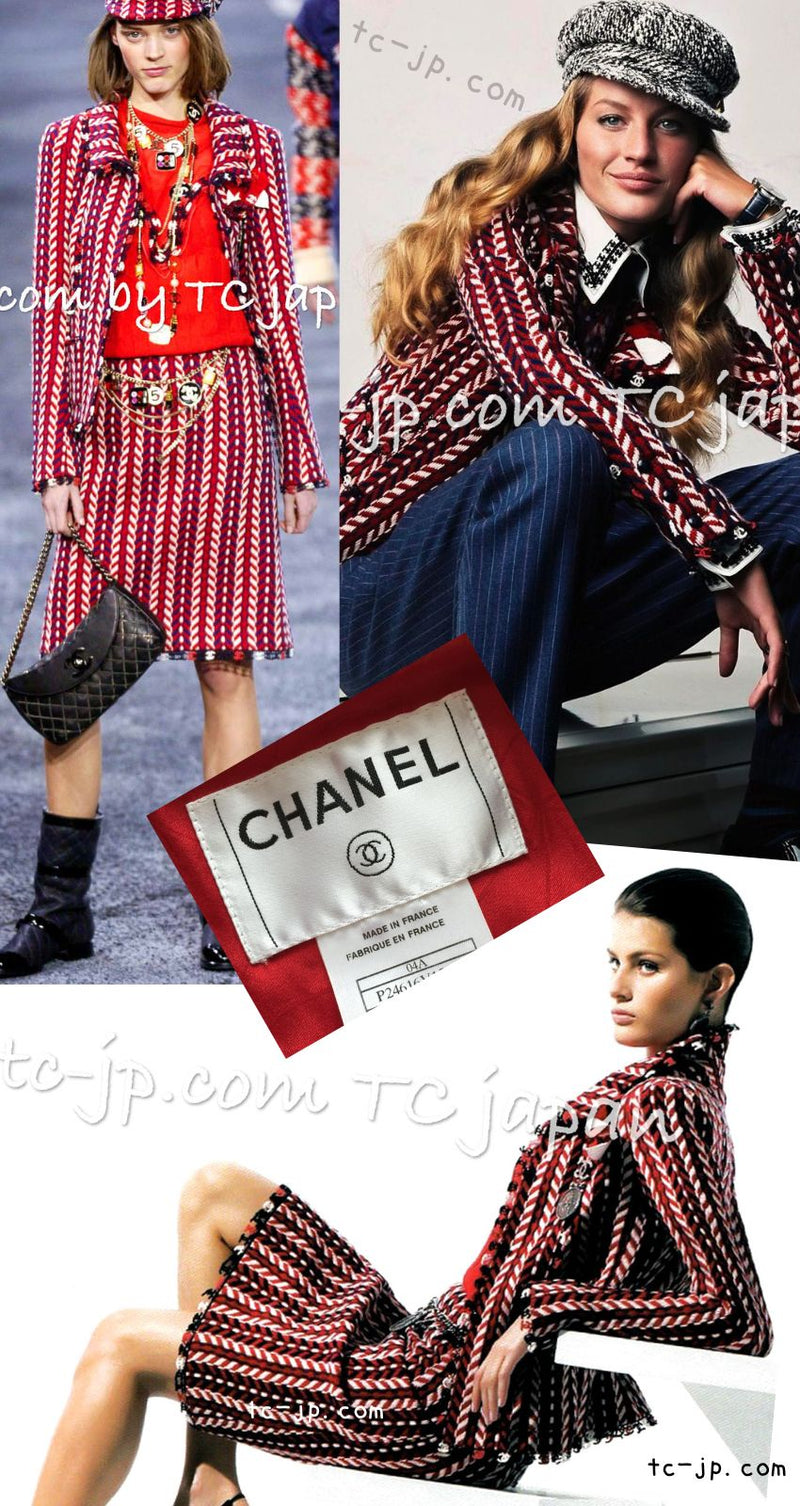 CHANEL 04A Red Tricolore CC Logo Trim Jacket Skirt Suit 34 ② シャネル レッド トリコロール ジャケット スカート スーツ カメリアブローチ付 即発