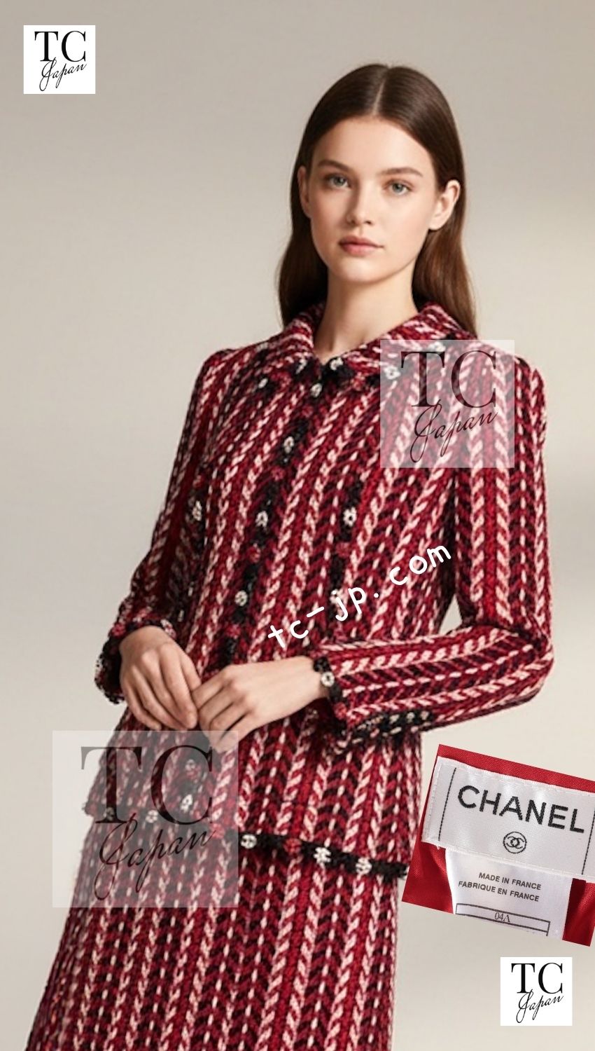 CHANEL 04A Red Tricolore CC Logo Trim Jacket Skirt Suit 34 ② シャネル レッド トリコロール ジャケット スカート スーツ カメリアブローチ付 即発 - TC JAPAN
