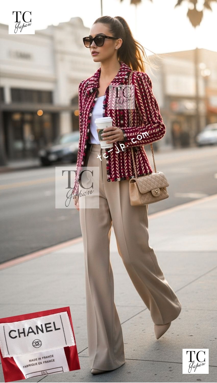 CHANEL 04A Red Tricolore CC Logo Trim Jacket Skirt Suit 34 ② シャネル レッド トリコロール ジャケット スカート スーツ カメリアブローチ付 即発 - TC JAPAN