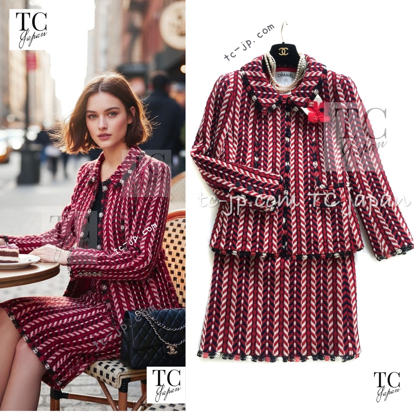 CHANEL 04A Red Tricolore CC Logo Trim Jacket Skirt Suit 34 ② シャネル レッド トリコロール ジャケット スカート スーツ カメリアブローチ付 即発 - TC JAPAN