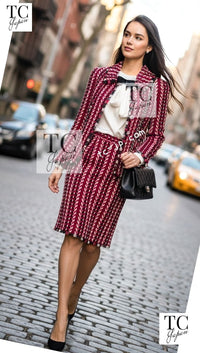 CHANEL 04A Red Navy Tricolore CC Logo Trim Wool Tweed Jacket Skirt Suit 36 38 ① シャネル レッド ネイビー トリコロール ウール ツイード ジャケット スカート スーツ 即発 - TC JAPAN